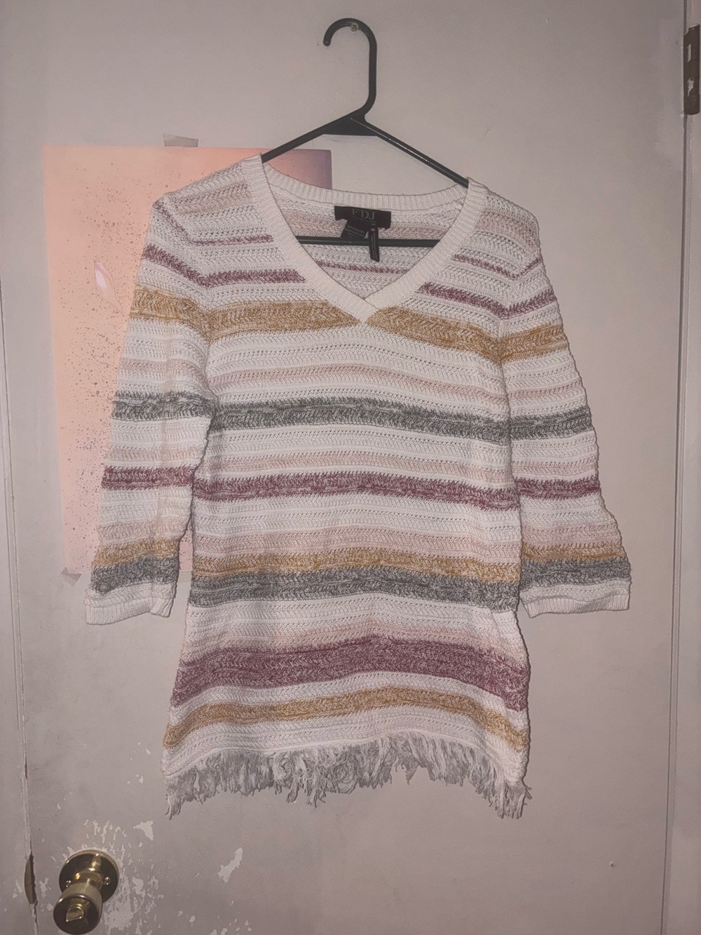 Striped V-Neck Fringe Sweater in White with Dusty Rose and Mustard Accents